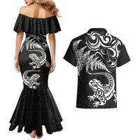New Zealand Tuatara Tribal Tattoo Couples Matching Mermaid Dress and Hawaiian Shirt Silver Fern and Maori Pattern Black Color LT03 - Polynesian Pride