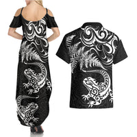New Zealand Tuatara Tribal Tattoo Couples Matching Summer Maxi Dress and Hawaiian Shirt Silver Fern and Maori Pattern Black Color LT03 - Polynesian Pride