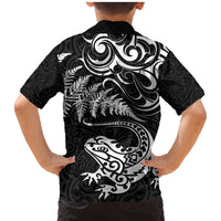 New Zealand Tuatara Tribal Tattoo Family Matching Mermaid Dress and Hawaiian Shirt Silver Fern and Maori Pattern Black Color