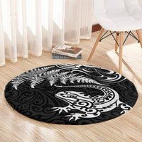 New Zealand Tuatara Tribal Tattoo Round Carpet Silver Fern and Maori Pattern Black Color