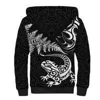 New Zealand Tuatara Tribal Tattoo Sherpa Hoodie Silver Fern and Maori Pattern Black Color