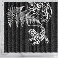 New Zealand Tuatara Tribal Tattoo Shower Curtain Silver Fern and Maori Pattern Black Color