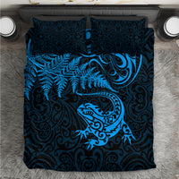 New Zealand Tuatara Tribal Tattoo Bedding Set Silver Fern and Maori Pattern Blue Color LT03 Blue - Polynesian Pride