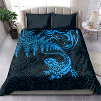 New Zealand Tuatara Tribal Tattoo Bedding Set Silver Fern and Maori Pattern Blue Color LT03 - Polynesian Pride