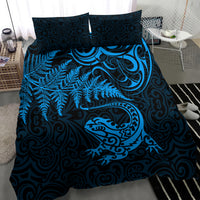 New Zealand Tuatara Tribal Tattoo Bedding Set Silver Fern and Maori Pattern Blue Color LT03 - Polynesian Pride