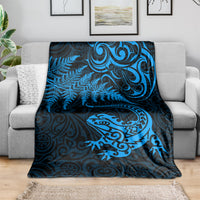 New Zealand Tuatara Tribal Tattoo Blanket Silver Fern and Maori Pattern Blue Color