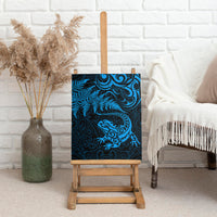 New Zealand Tuatara Tribal Tattoo Canvas Wall Art Silver Fern and Maori Pattern Blue Color