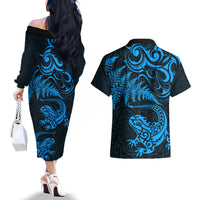 New Zealand Tuatara Tribal Tattoo Couples Matching Off The Shoulder Long Sleeve Dress and Hawaiian Shirt Silver Fern and Maori Pattern Blue Color