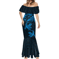 New Zealand Tuatara Tribal Tattoo Mermaid Dress Silver Fern and Maori Pattern Blue Color LT03 - Polynesian Pride