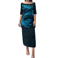 New Zealand Tuatara Tribal Tattoo Puletasi Silver Fern and Maori Pattern Blue Color LT03 Long Dress Blue - Polynesian Pride