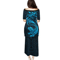 New Zealand Tuatara Tribal Tattoo Puletasi Silver Fern and Maori Pattern Blue Color LT03 - Polynesian Pride