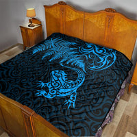 New Zealand Tuatara Tribal Tattoo Quilt Silver Fern and Maori Pattern Blue Color