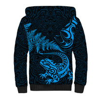 New Zealand Tuatara Tribal Tattoo Sherpa Hoodie Silver Fern and Maori Pattern Blue Color LT03 - Polynesian Pride