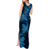 New Zealand Tuatara Tribal Tattoo Tank Maxi Dress Silver Fern and Maori Pattern Blue Color LT03 - Polynesian Pride