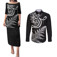 New Zealand Octopus Tattoo and Fern Couples Matching Puletasi and Long Sleeve Button Shirt Maori Pattern LT03 Black - Polynesian Pride