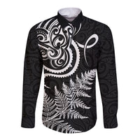 New Zealand Octopus Tattoo and Fern Long Sleeve Button Shirt Maori Pattern LT03 Unisex Black - Polynesian Pride
