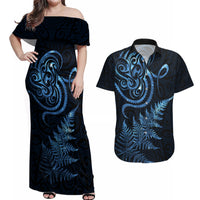 New Zealand Octopus Tattoo and Fern Couples Matching Off Shoulder Maxi Dress and Hawaiian Shirt Maori Pattern Matariki Style