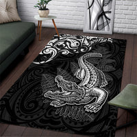 New Zealand Crocodile Tattoo and Fern Area Rug Maori Pattern LT03 Black - Polynesian Pride