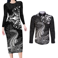 New Zealand Crocodile Tattoo and Fern Couples Matching Long Sleeve Bodycon Dress and Long Sleeve Button Shirt Maori Pattern