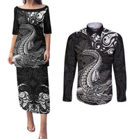 New Zealand Crocodile Tattoo and Fern Couples Matching Puletasi and Long Sleeve Button Shirt Maori Pattern LT03 Black - Polynesian Pride