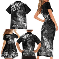 New Zealand Crocodile Tattoo and Fern Family Matching Short Sleeve Bodycon Dress and Hawaiian Shirt Maori Pattern