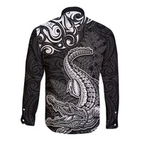 New Zealand Crocodile Tattoo and Fern Long Sleeve Button Shirt Maori Pattern LT03 - Polynesian Pride