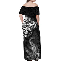 New Zealand Crocodile Tattoo and Fern Off Shoulder Maxi Dress Maori Pattern LT03 - Polynesian Pride