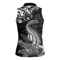 New Zealand Crocodile Tattoo and Fern Women Sleeveless Polo Shirt Maori Pattern