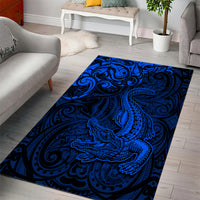 New Zealand Crocodile Tattoo and Fern Area Rug Maori Pattern Blue Color LT03 - Polynesian Pride