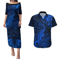 New Zealand Crocodile Tattoo and Fern Couples Matching Puletasi and Hawaiian Shirt Maori Pattern Blue Color LT03 Blue - Polynesian Pride
