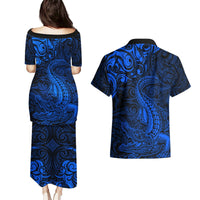 New Zealand Crocodile Tattoo and Fern Couples Matching Puletasi and Hawaiian Shirt Maori Pattern Blue Color LT03 - Polynesian Pride