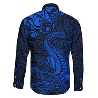 New Zealand Crocodile Tattoo and Fern Family Matching Off The Shoulder Long Sleeve Dress and Hawaiian Shirt Maori Pattern Blue Color