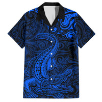 New Zealand Crocodile Tattoo and Fern Family Matching Short Sleeve Bodycon Dress and Hawaiian Shirt Maori Pattern Blue Color