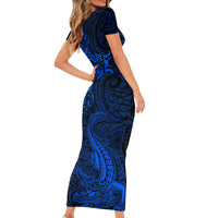 New Zealand Crocodile Tattoo and Fern Family Matching Short Sleeve Bodycon Dress and Hawaiian Shirt Maori Pattern Blue Color