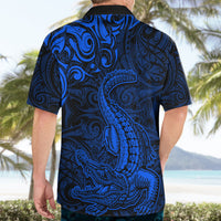 New Zealand Crocodile Tattoo and Fern Hawaiian Shirt Maori Pattern Blue Color LT03 - Polynesian Pride