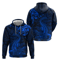 New Zealand Crocodile Tattoo and Fern Hoodie Maori Pattern Blue Color
