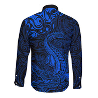 New Zealand Crocodile Tattoo and Fern Long Sleeve Button Shirt Maori Pattern Blue Color LT03 - Polynesian Pride