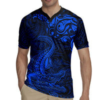 New Zealand Crocodile Tattoo and Fern Rugby Jersey Maori Pattern Blue Color LT03 - Polynesian Pride