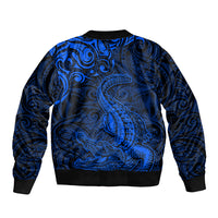New Zealand Crocodile Tattoo and Fern Sleeve Zip Bomber Jacket Maori Pattern Blue Color