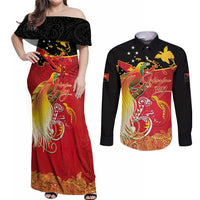 Papua New Guinea Independence Day Couples Matching Off Shoulder Maxi Dress and Long Sleeve Button Shirt Happy Anniversary 50th Bird-of-paradise Melanesian Tattoos - Polynesian Pride