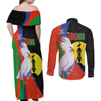New Caledonia Couples Matching Off Shoulder Maxi Dress and Long Sleeve Button Shirt Kagu Bird and The Seal with Melanesian Culture - Polynesian Pride