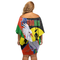 New Caledonia Off Shoulder Short Dress Kagu Bird and The Seal with Melanesian Culture - Polynesian Pride