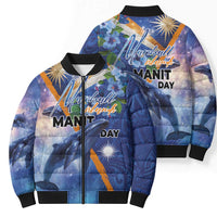 Marshall Islands Manit Day Bomber Puffer Jacket Grunge National Flag with Whales and Tribal Tattoos - Polynesian Pride