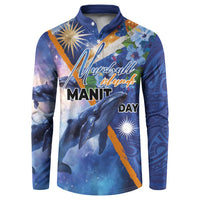 Marshall Islands Manit Day Button Sweatshirt Grunge National Flag with Whales and Tribal Tattoos - Polynesian Pride