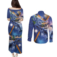 Marshall Islands Manit Day Couples Matching Puletasi and Long Sleeve Button Shirt Grunge National Flag with Whales and Tribal Tattoos - Polynesian Pride