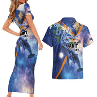 Marshall Islands Manit Day Couples Matching Short Sleeve Bodycon Dress and Hawaiian Shirt Grunge National Flag with Whales and Tribal Tattoos - Polynesian Pride