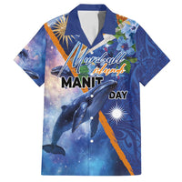 Marshall Islands Manit Day Family Matching Long Sleeve Bodycon Dress and Hawaiian Shirt Grunge National Flag with Whales and Tribal Tattoos - Polynesian Pride