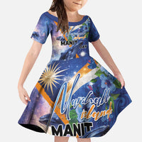 Marshall Islands Manit Day Family Matching Short Sleeve Bodycon Dress and Hawaiian Shirt Grunge National Flag with Whales and Tribal Tattoos - Polynesian Pride