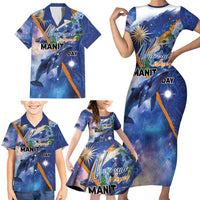 Marshall Islands Manit Day Family Matching Short Sleeve Bodycon Dress and Hawaiian Shirt Grunge National Flag with Whales and Tribal Tattoos - Polynesian Pride