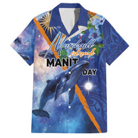 Marshall Islands Manit Day Family Matching Short Sleeve Bodycon Dress and Hawaiian Shirt Grunge National Flag with Whales and Tribal Tattoos - Polynesian Pride